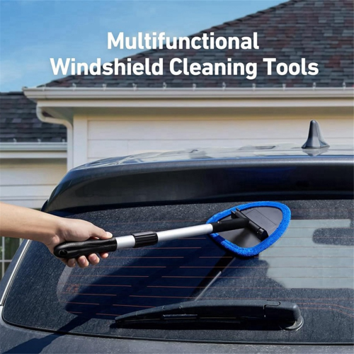 Car Windshield Cleaning Tools, Reusable and Washable Microfiber Pad Retractable Handle Glass Wiper Kit, Blue 2