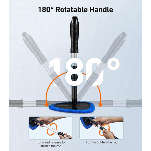 Car Windshield Cleaning Tools, Reusable and Washable Microfiber Pad Retractable Handle Glass Wiper Kit, Blue 1