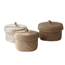 Boîtes à fleurs en osier, paniers de rangement pour articles divers avec couvercles, boîte à collation tissée, armoire, table ronde