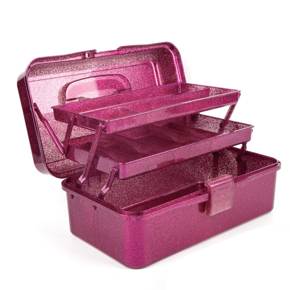Exogio Pink Glitter & Craft Tool Storage Box,3-Layer Stackable Carry Tackle Box Sewing Organizer For Art