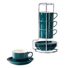 Stapelbare Cappuccinotassen aus Porzellan mit Untertassen und Metallständer, Espresso für Latte Coffee Cafe, Specialty E