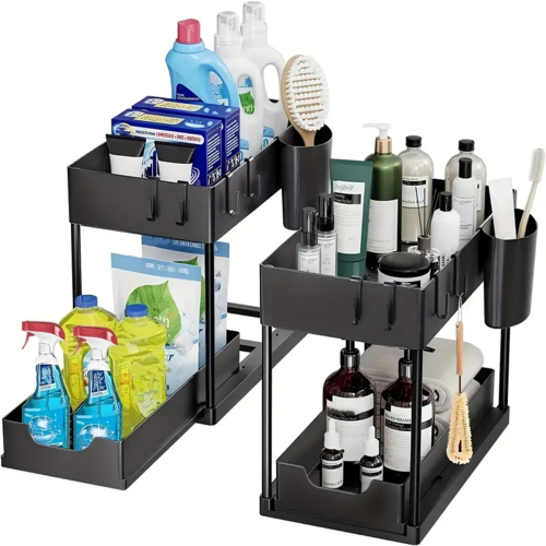 Organizer Rack, Sliding Cabinet Basket Drawer, Multi-Purpose Storage for Kitchen, Bathroom - Black