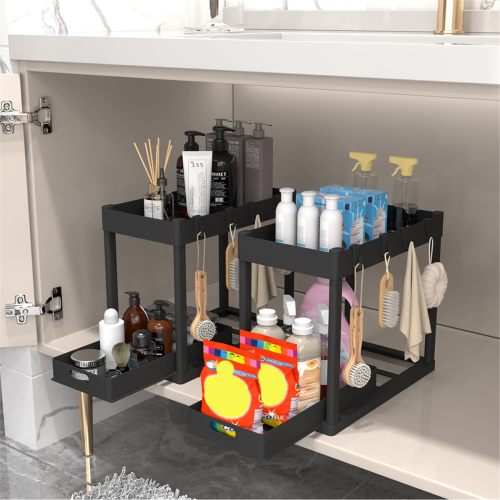 Organizer Rack, Sliding Cabinet Basket Drawer, Multi-Purpose Storage for Kitchen, Bathroom - Black 2