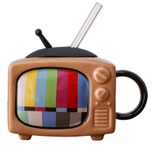 Quadratisches Kaffeetassen-Set aus Keramik mit Strohhalm und Deckel, für Büro, Tee, Retro-TV – Schokolade