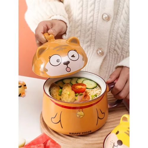 Large Ceramic Noodle Bowl with Lid - Easy Clean, High Capacity, Ideal for Dormitory Use, Includes Handle B 2