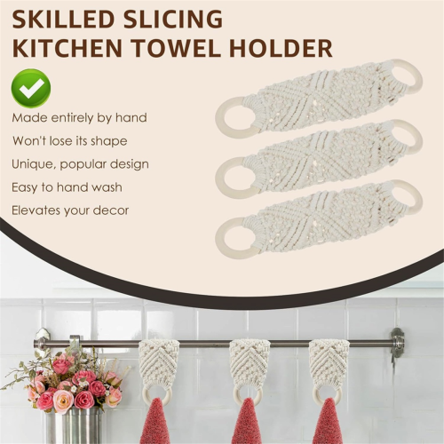3Pcs Crochet Dish Towel Holder, Macrame Knit Hanging Kitchen Holder with Loop Ring 1
