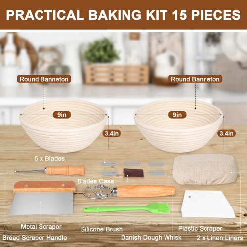 Handgemachte Rattan Brot Gärkorb -Stück Set Home Making Tools Backen 2