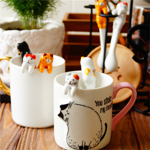 Cute Animal Spoon Hanging Coffee Dessert Ceramic Cartoon Cat Kitchen Tools E 1
