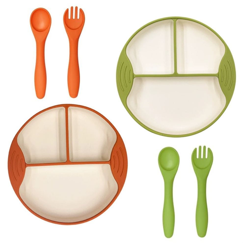 Silicone Suction Plates For Baby & Toddler Divided Design Microwave Dishwasher Safe 2 Spoons Forks Exogio