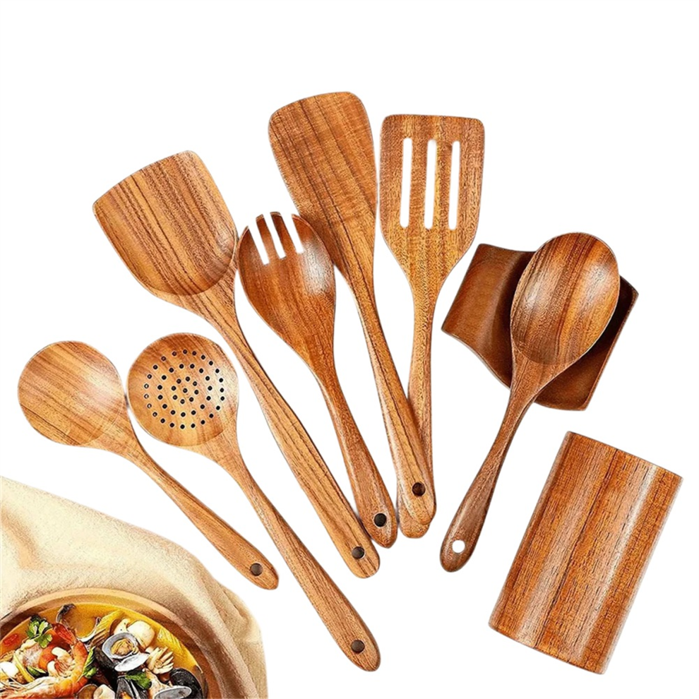 9 Pcs Natural Wooden Spoons For Cooking Utensils With Utensil Holder Teak Kitchen Set 4851366161708