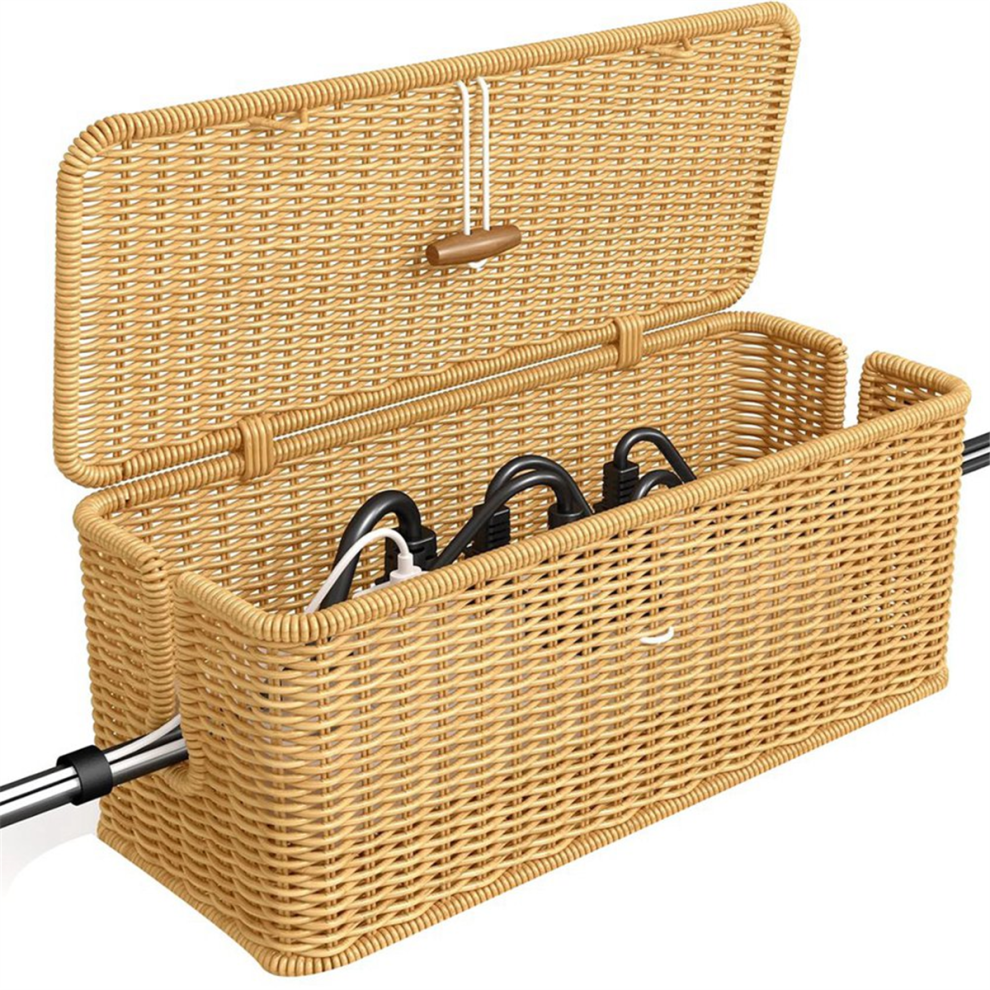 Cable Management Box, Power Strip Organizer With Locked Cover,Handmade Rattan Cords Hider,Cord Exogio