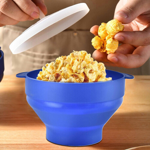 Foldable Oven Bowl Popcorn Round Portable with Lid for Home Use Blue 1