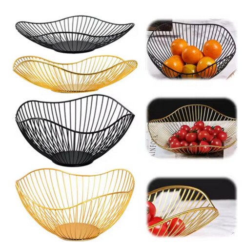 Iron Fruit Basket Container Bowl Home Drain Display Table Bread Snacks Tray Storage High Black 1