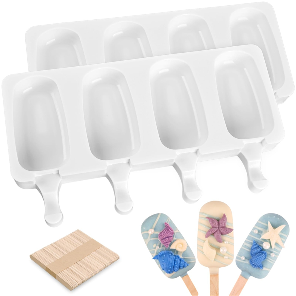 Exogio 2 Pack Homemade Popsicle Silicone Molds, 4 Cavities Large Cake Molds With 100 Wooden Sticks For Ice Cream