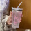 Bicchiere di plastica rosa da 450 ml trasparente con cannuccia e coperchio per bevande al latte e caffè, per casa, viaggi e bevande 7