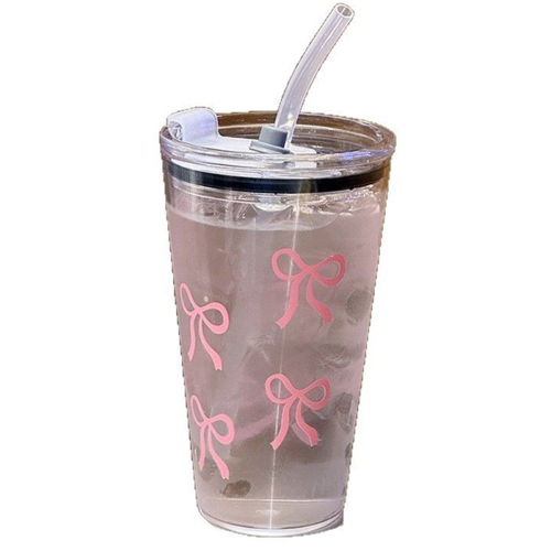 Bicchiere di plastica rosa da 450 ml trasparente con cannuccia e coperchio per bevande al latte e caffè, per casa, viaggi e bevande