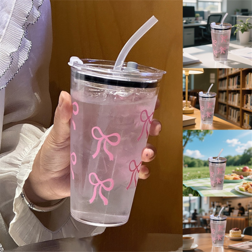 Bicchiere di plastica rosa da 450 ml trasparente con cannuccia e coperchio per bevande al latte e caffè, per casa, viaggi e bevande 1