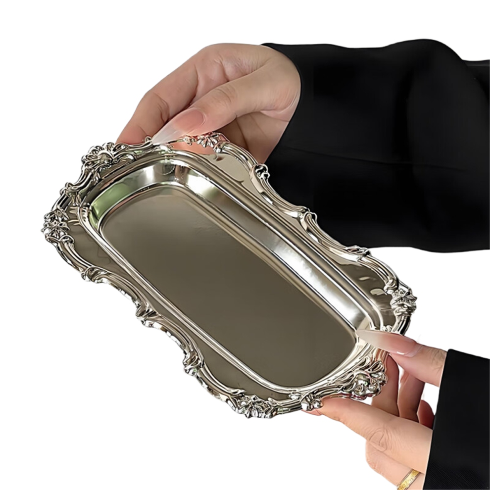 Exogio Vintage Embossed Stainless Steel Tray Serving Platter For Desserts Jewelry Storage Snack Plate Dining Table Decor