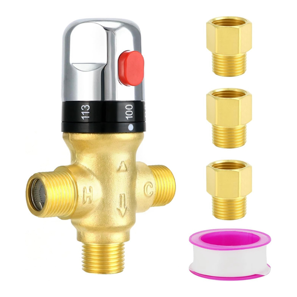 Exogio Thermostatic Mixing Valve, Solid Brass Pipe Water Valve With Temperature Control - 1/2 Npt Includes 3 Adapters,