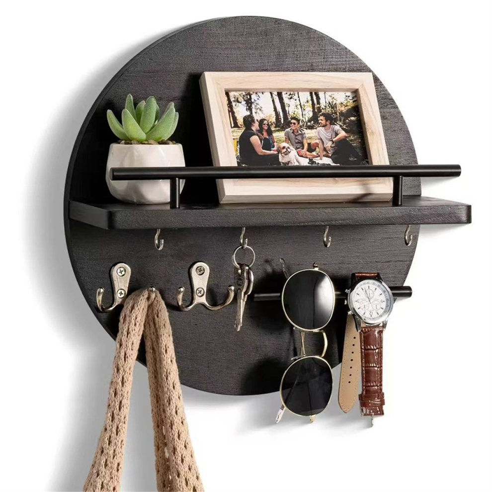 Key Holder Wall Mount, Decorative Rack With Hooks And Shelf, Wood, Black 4851366125632