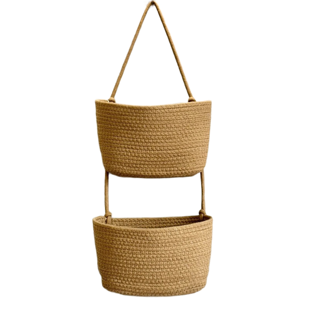 Exogio Household Wall-Mounted Storage Basket, Two-Layer Hanging Woven Environmentally Brown-2