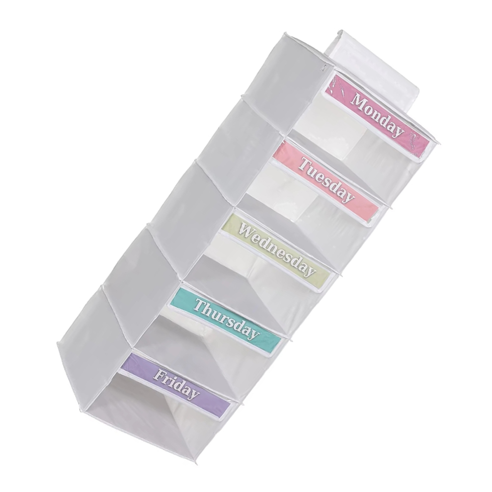 Exogio 5-Shelf Weekly Clothes Organizer With 5 Side Pockets Hanging Closet Labeled Days Storage Shelves C