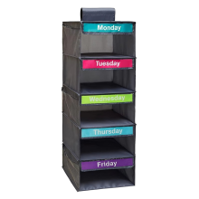 Wöchentlicher Kleider-Organizer mit 5 Regalen und 5 Seitentaschen, Hängeschrank, beschriftete Tage, Lagerregale A