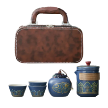 1Set Travel Tea Set Portable Ceramic Teapot Canister Cup Outdoor Quick Leather Bag