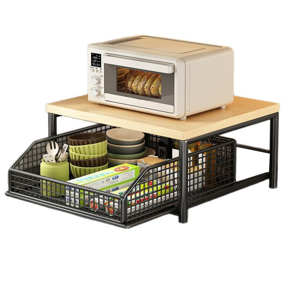 Space-Saving Kitchen Countertop Organizer with Drawer & Wire Basket - Sturdy Hardwood Shelf for Coffee Maker. Black