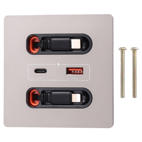 12w Universal Wall Panel Socket with Usb-A Usb-C Retractable Charging Cable, Mobile Phone Tablet Type C Outlet
