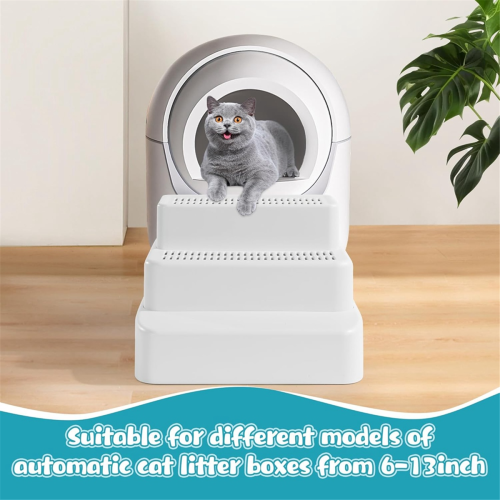 Adjustable 3 Steps Litter Box Ramp with Filter Function, Detachable Trapper, for Small & Elderly Cats White 2