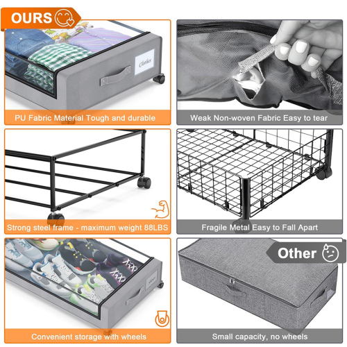 Under Bed Storage with Wheels,2-Pack Containers Lids Rolling Drawer for Clothes,Shoes,A 1