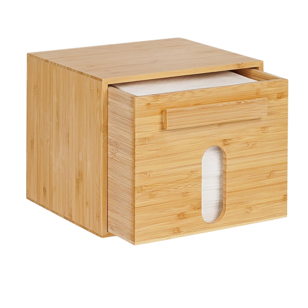 Exogio Disposable Face Towel Holder Bamboo Storage Box, Towels Container Box With Drawer, Clean Xl Organizer
