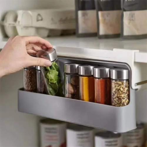 Wall Mounted Spice Rack Non Perforated Adjustable Seasoning Boxes Barbecue Material Combination Set Storage Case 1