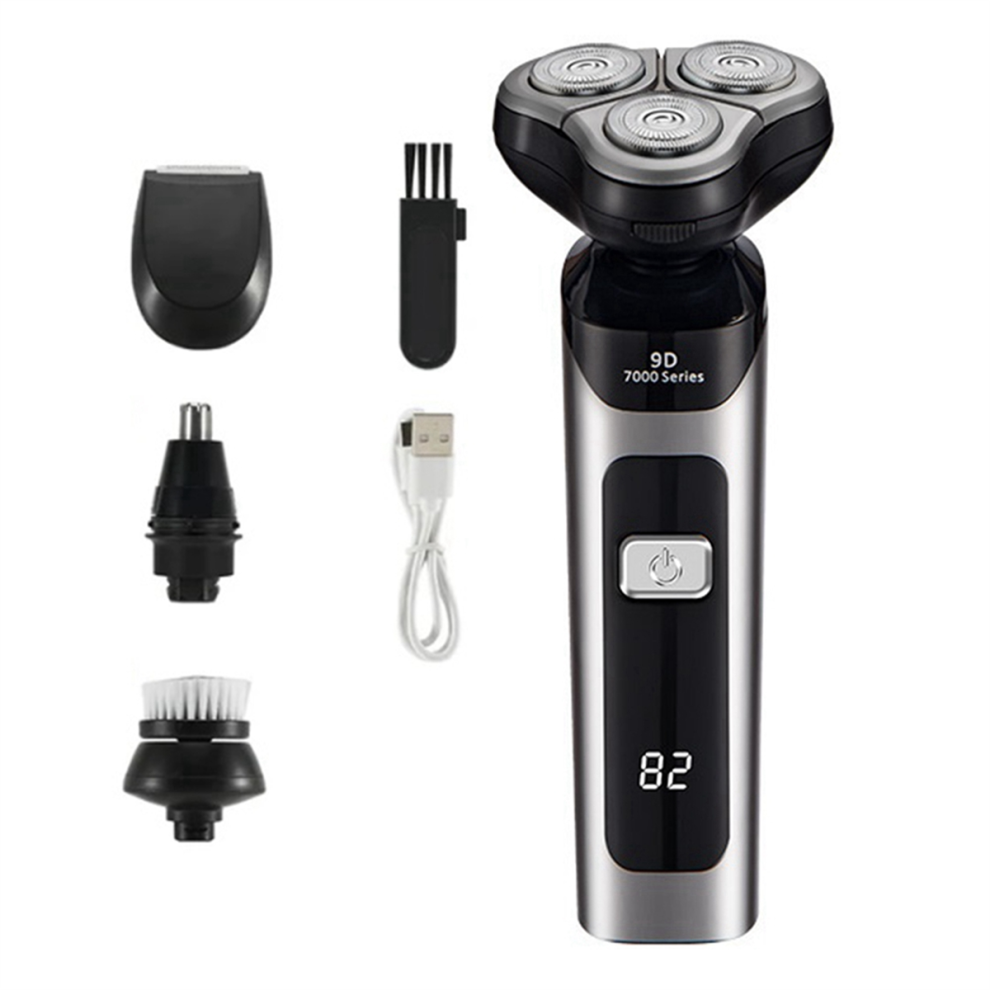 Saudism Silver Electric Shaver Lcd Digital Display Three-Head Floating Rechargeable Smart Waterproof Type-C Charge