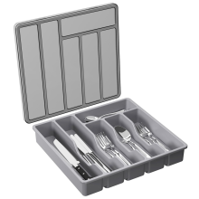Silverware Organizer with Lid,Covered Utensil Tray for Kitchen Drawer and Countertop, Plastic Cutlery Flatware Gray