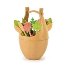 Children'S Wheat Straw Fruit Fork with Storage Bucket Bento Box Decorated Cocktail Dessert, Mini Toothpick,Brown