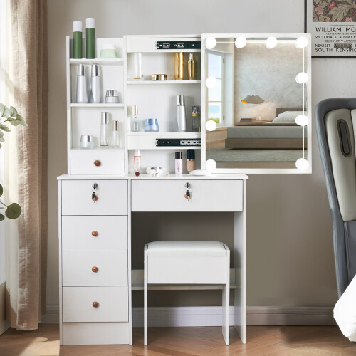 6 Drawers Vanity Makeup Table with 10 LED Bulbs Mirror Dressing Table 2