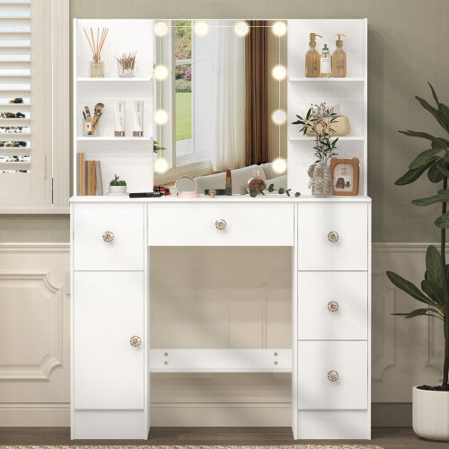 New Vanity Makeup Desk Dressing Table With Lights Mirror Drawers Stool 1