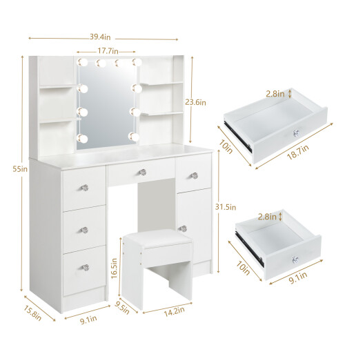 New Vanity Makeup Desk Dressing Table With Lights Mirror Drawers Stool 2