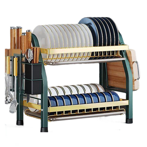 Kitchen Countertop Bowl Rack Double-Layer Tableware Storage Multifunctional Integrated Rack,Green & Gold