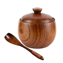 Salt Shaker Sugar Pepper Box Seasoning Container Storage with Lid and Spoon Wooden Spice Jar