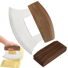 Pizza Cutter WoodGrip Rocker Slicer Ergonomic Anti Slip Handle Classic Walnutwood and Stainless Steel Blades B