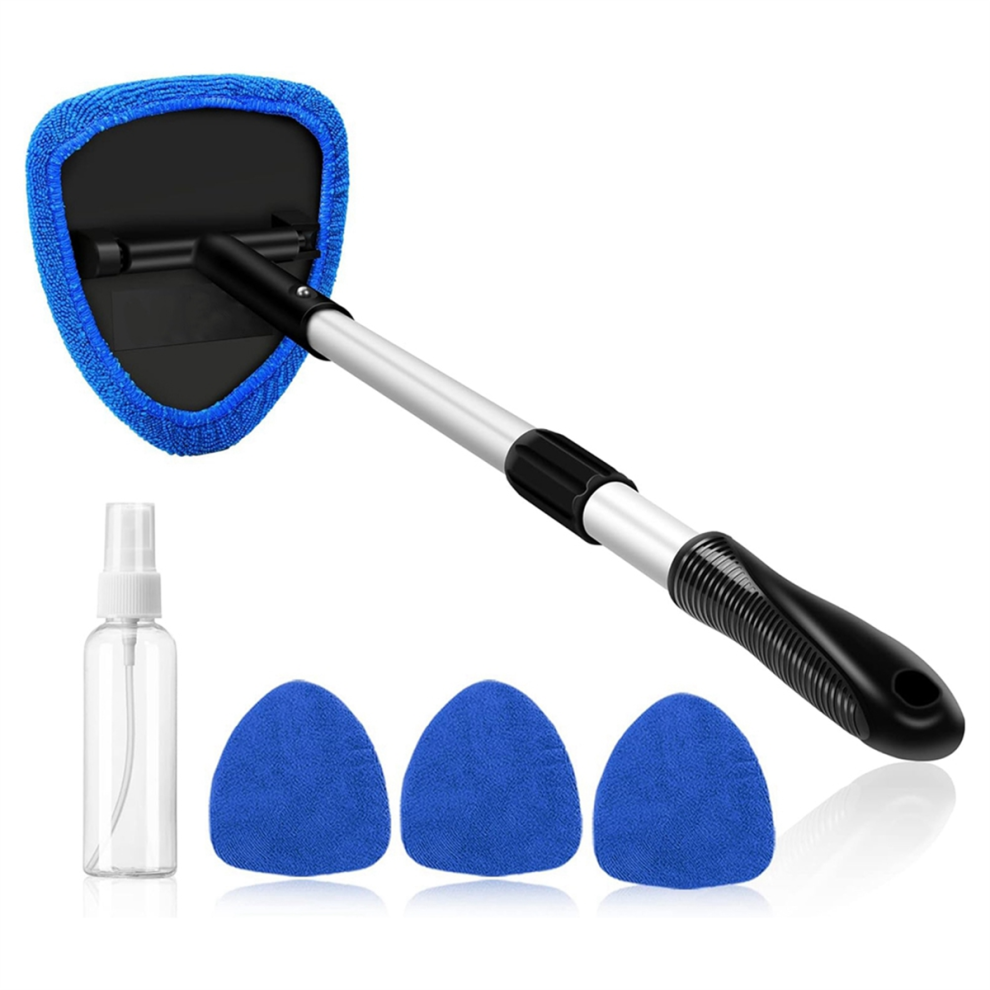 Car Windshield Cleaning Tools, Reusable And Washable Microfiber Pad Retractable Handle Glass Wiper Kit, Blue 4851821587920
