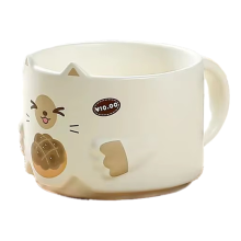 Cartoon Cat Ceramic Mug - Stacked Water Cup with Cat'S Ear Design and Handle, Interesting Household Drinkware White