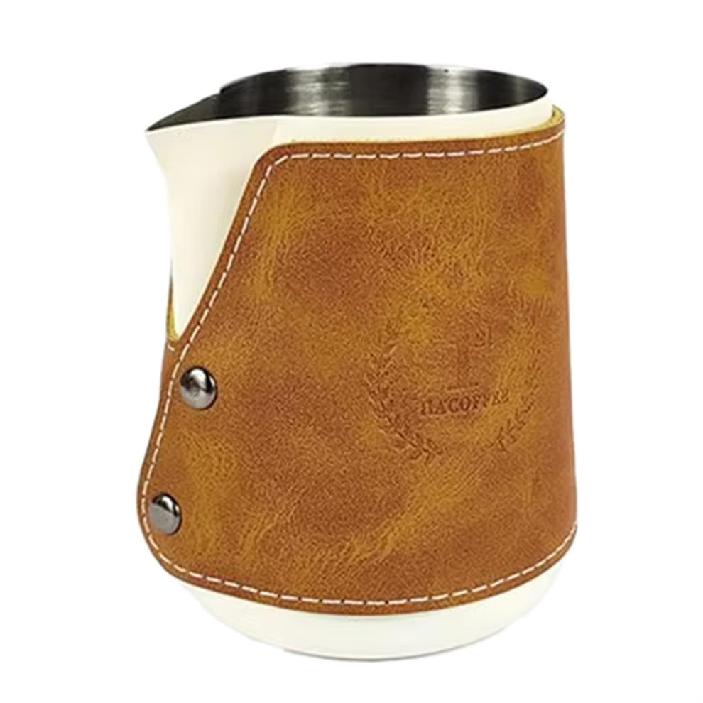 400Ml Stainless Steel Milk Frothing Jug With Leather Cover - Vintage Style Coffee Art Pitcher For Latte & Cappuccino A Saudism