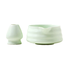 Japanese Matcha Tea Set - 2 Piece Ceramic Bowl with Spout & Bamboo Whisk Holder, Ideal for Ceremony, Office or Gift