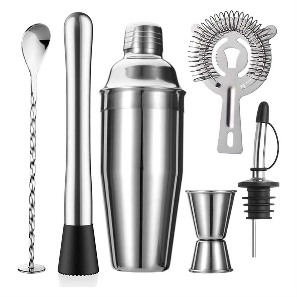 Saudism Cocktail Shaker Set,24Oz Strainer Muddler Jigger Mixing Spoon Pour Spout Bartender Kit,Stainless Steel Bar Set
