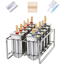10Pcs Stainless Steel Popsicle Molds and Rack Ice Cream with 10 Square IcePop Makers