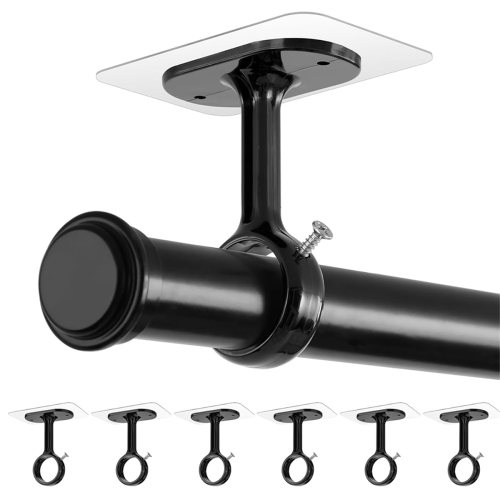 6 Pack No Drill Ceiling Mount Rod Brackets, Heavy Duty Self Adhesive Holders, Adjustable Hooks Hanging Black 2